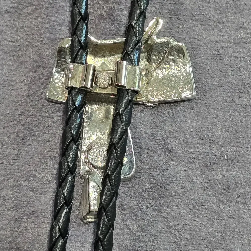 Old Country Western Silver & Black Saddle Leather Bolo Neck Tie Made In USA
